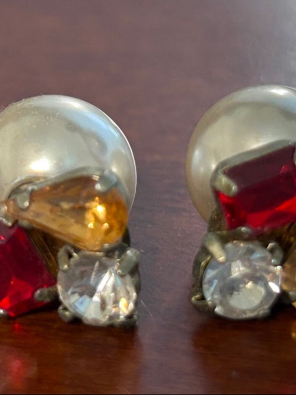 Vintage Pearl & Crystal Cluster Earrings - Red Amber Studs